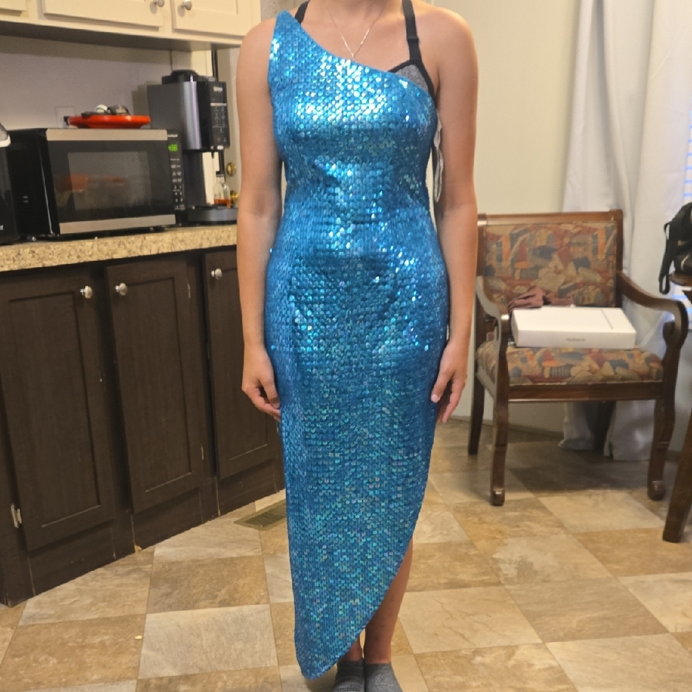 Jovani Asymmetrical Blue Sequin Dress